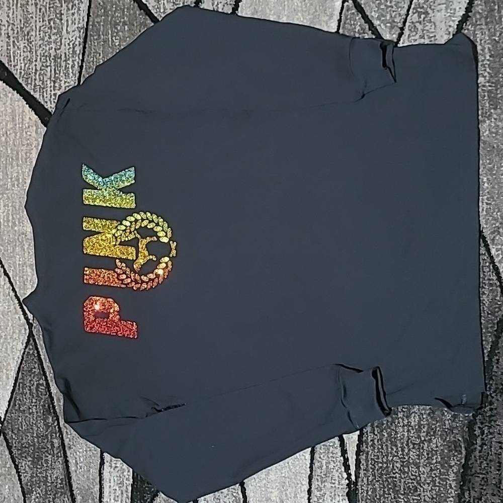 VS PINK 2019 RAINBOW SEQUINS 🌈 OMBRE DOG LOGO CAMPUS-FIT LONG-SLEEVE TEE